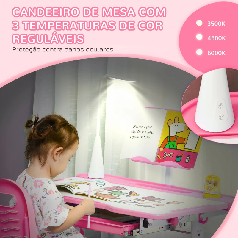 HOMCOM Conjunto de Secretária e Cadeira para Crianças com Altura Ajustável Mesa Inclinável Lâmpada LED 80x49,5x80-105cm e 36x34x60-73cm Rosa