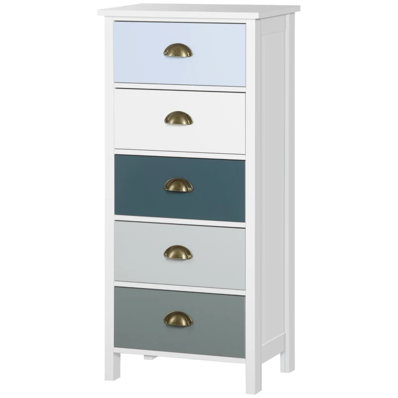 HOMCOM Slim Storage Cabinet Organiser, Chest of Drawers, 5-Drawer Dresser with Metal Handle for Living Room, Bedroom, Blue