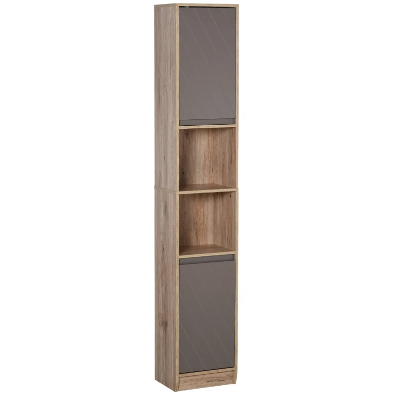 HOMCOM Freestanding Bathroom Storage Cabinet w/ 2 Cupboards 2 Compartments Home Organisation Anti-Tipping Elevated Base 30L x 24W x 170H cm Grey&Brown