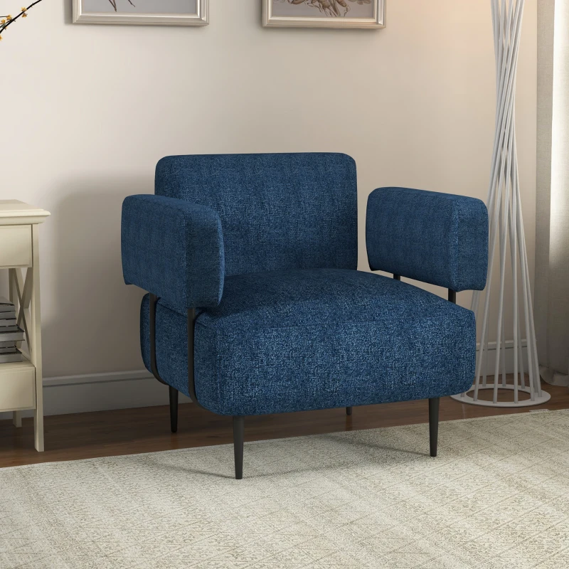 HOMCOM Poltrona Moderna per Casa e Ufficio in Tessuto effetto Lino con Imbottitura, 89x72.5x76 cm, Blu Scuro