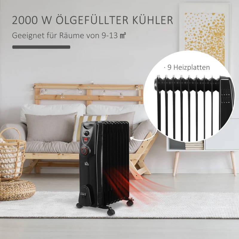 HOMCOM Ölradiator tragbar elektrisch Heizkörper 2000 W 3 Heizstufen 24-Stunden-Timing elektrische Heizung 9 Heizplatten mit 4 Rollen Griff Überhitzungsschutz Schwarz Stahl  46,5 x 24,5 x 64 cm