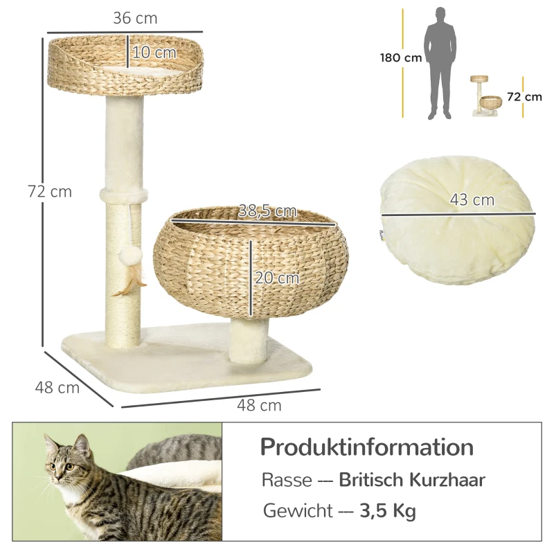 PawHut Scratching Post, Two Cat Beds with Washable Cushions, Two Scratching Posts, Play Ball, Beige+Cream, 48 x 48 x 72cm