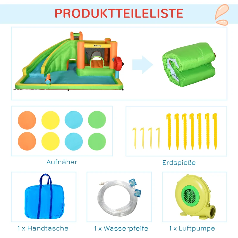 Outsunny Opblaasbaar springkasteel met glijbaan, springkussen, 2 waterbaden, bokszak, 478 x 440 x 210 cm