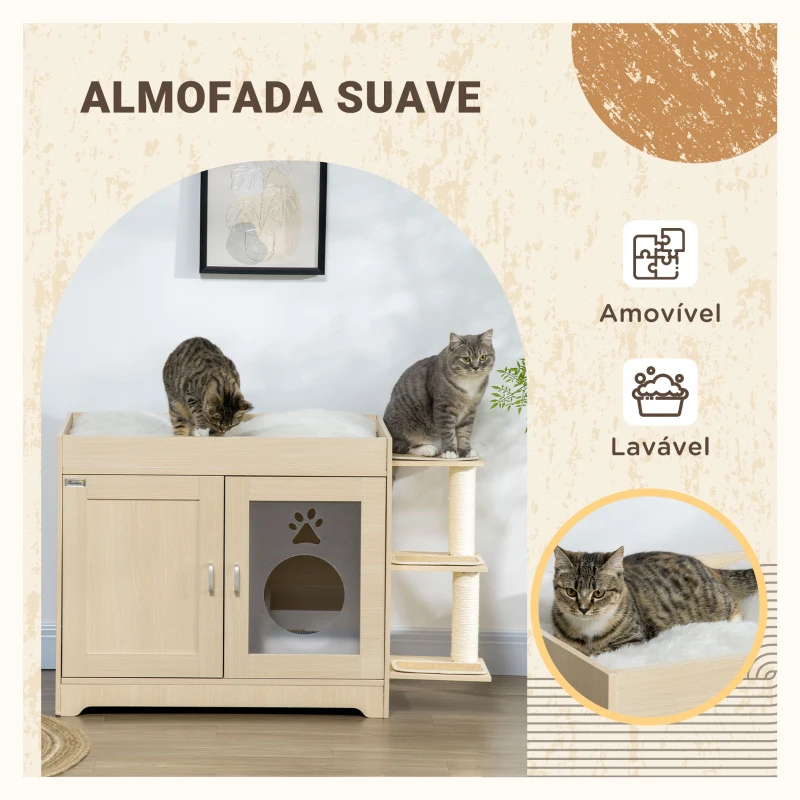 PawHut Caixa de Areia para Gatos de Madeira com Cama Almofada Suave 3 Plataformas e Postes de Sisal 107x54x70cm Carvalho