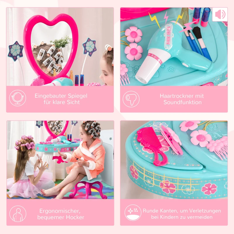 HOMCOM Kinderschminktisch mit Schubladen und reichhaltigem Zubehör Frisiertisch mit Hocker Licht für Mädchen ab 3 Jahre Kosmetik Spiegel Seeblau+Weiß 49,5 x 25 x 69 cm