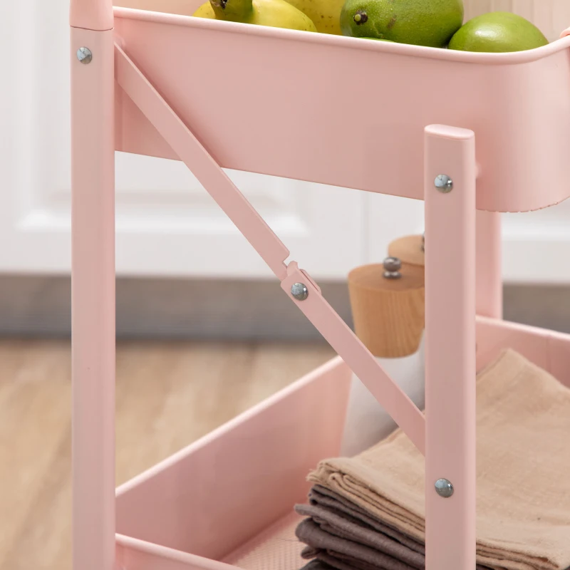 HOMCOM Carrito Auxiliar con Ruedas Carrito Plegable de 3 Niveles con 4 Ganchos y 3 Cestas Extraíbles 43x31x89 cm Rosa