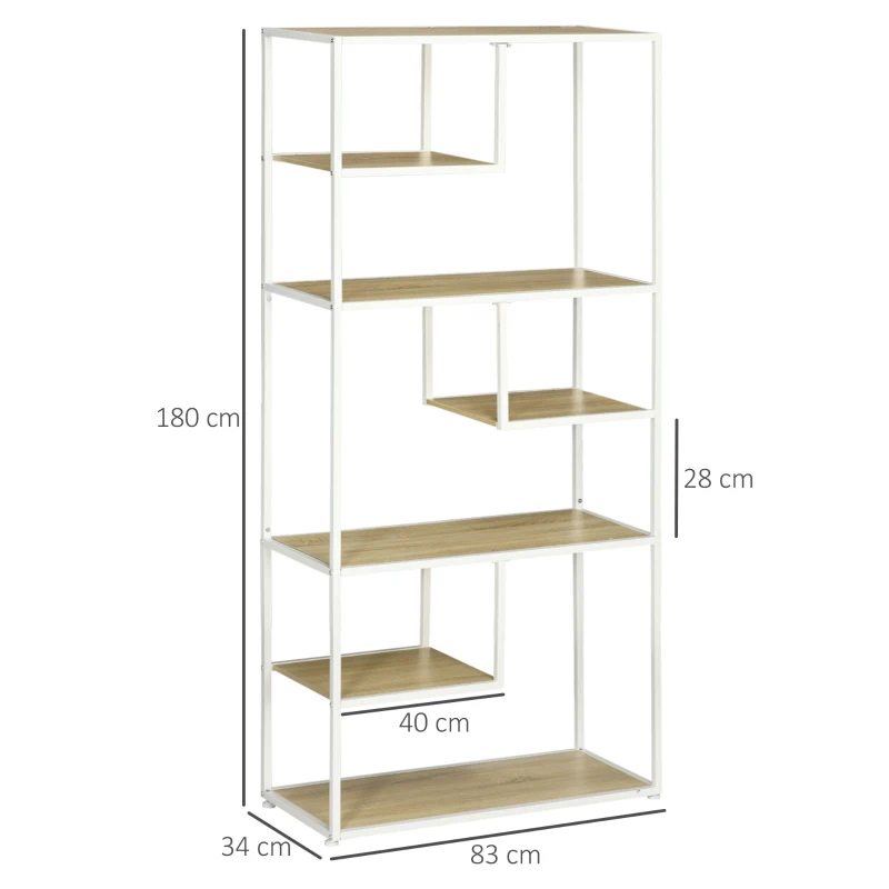 HOMCOM Estante de Armazenamento para Livros com Estrutura de Aço para Escritório Sala de Estar Estúdio 83x34x180cm Carvalho e Branco