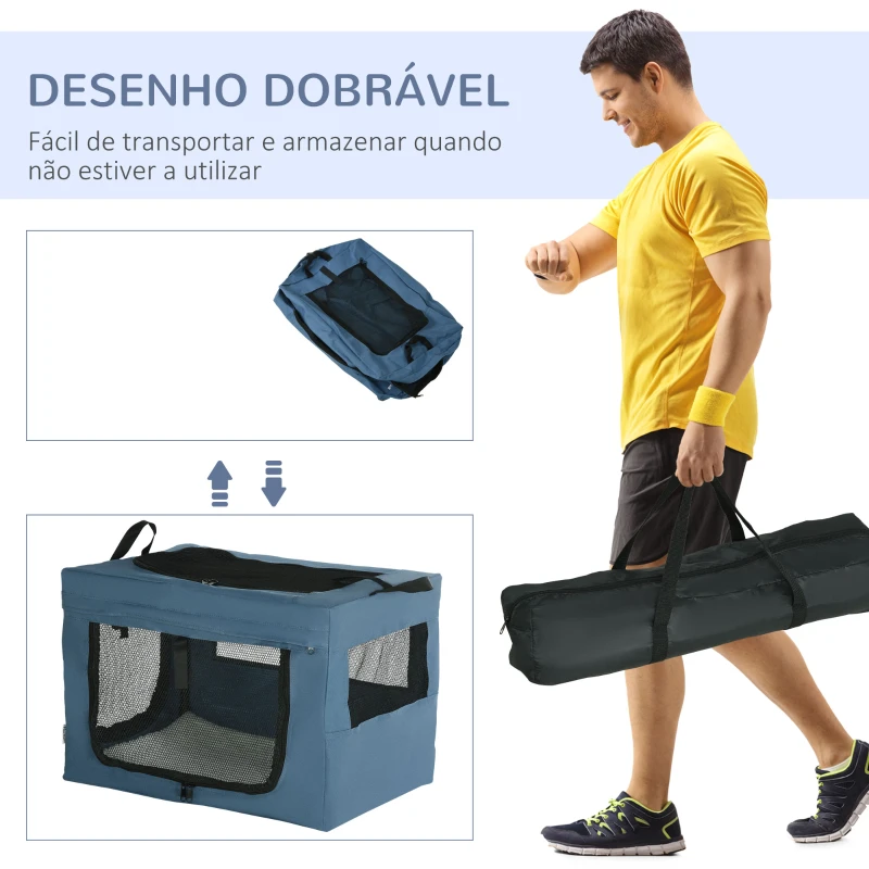 PawHut Transportadora para Cães e Gatos Portátil Dobrável com 3 Portas e Almofada Suave 60x42x42 cm Azul