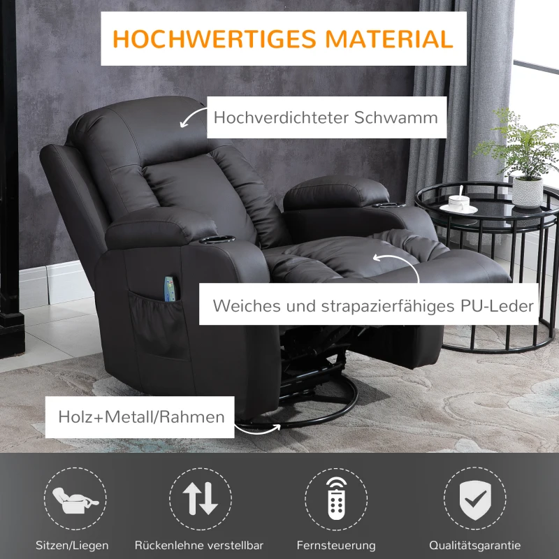 HOMCOM Massagesessel mit Wippfunktion, 8 Vibrationspunkte, 5 Modi, Wärmefunktion, 85  cm x 94 cm x 104 cm, Braun