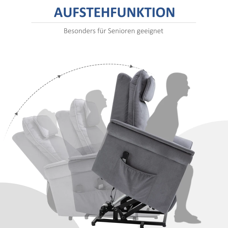 HOMCOM Sessel mit Aufstehhilfe Fernsehsessel Massagesessel Relaxsessel elektrisch Aufstehsessel mit Liegefunktion Leinen-Touch Stahl Grau 86 x 95 x 106 cm