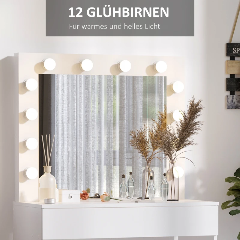 HOMCOM Schminktisch Frisierkommode Set Kosmetiktisch mit Hocker, Spiegel, Schubladen und 12 LED-Leuchten Weiß, 80x40x140 cm