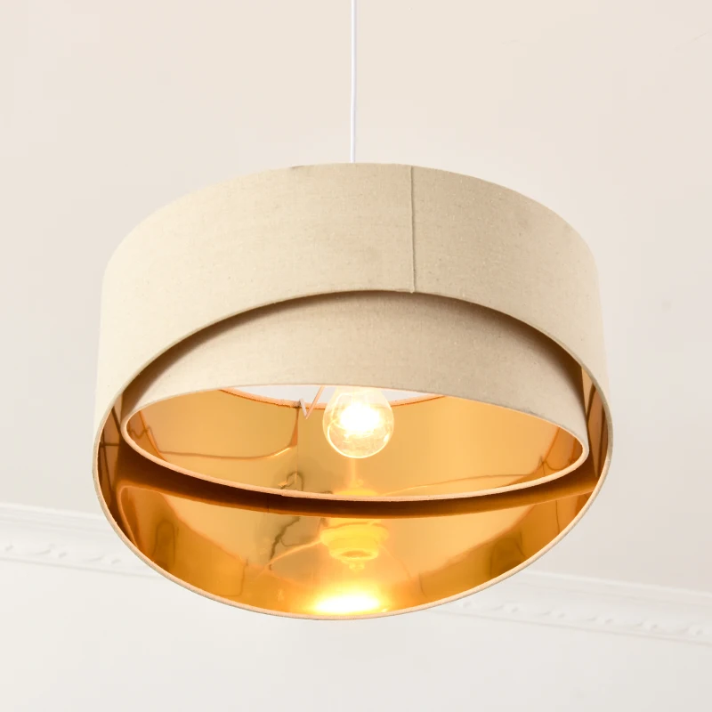 HOMCOM Deckenleuchte Kronleuchter Deckenlampe mit zwei abgeschrägte Lampenschirme für Büro, Wohnzimmer, Esszimmer, Stahl, Leinen, Beige+Gold, 50x50x136 cm