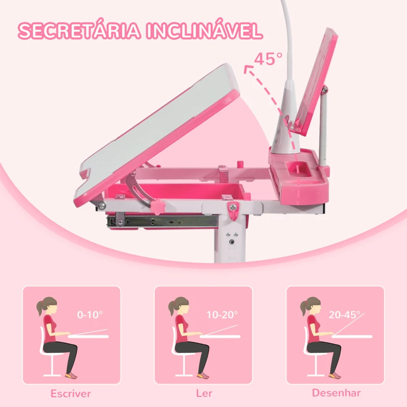 HOMCOM Conjunto de Secretária e Cadeira para Crianças com Altura Ajustável Mesa Inclinável Lâmpada LED 80x49,5x80-105cm e 36x34x60-73cm Rosa