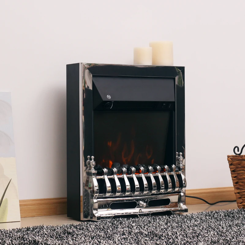 HOMCOM Elektrokamin mit Heizung, elektrischer Kamin mit LED Flammeneffekt, 1000/2000W Dekokamin, elektrisch Kaminfeuer Kaminofen, Silber