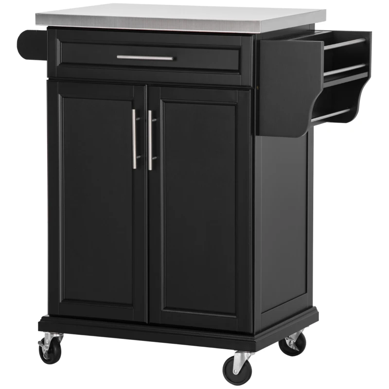 HOMCOM Wooden Kitchen Island on Wheels, Serving Cart Storage Trolley with Stainless Steel Top, Drawer, Side Handle and Rack, Black