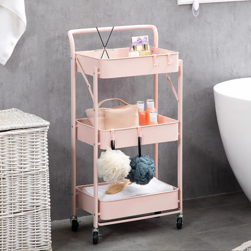 HOMCOM Carrito Auxiliar con Ruedas Carrito Plegable de 3 Niveles con 4 Ganchos y 3 Cestas Extraíbles 43x31x89 cm Rosa