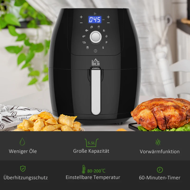 HOMCOM Heißluftfritteuse Luftfritteuse Airfryer Edelstahl Frittierkorb 5,5L 1700W mit Digitalem LED-Touchscreen Heißluftfritteuse Grillen Braten Backen PP Aluminium Schwarz 41 x 33 x 37 cm