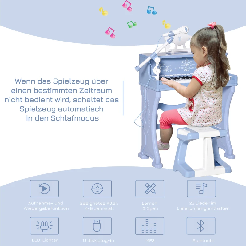 HOMCOM Kinder Klavier 37 Tasten Mini-Klavier Piano Keyboard mit Hocker und 22 Demo-Songs zum Abspielen aus ABS Musikinstrument MP3 USB inkl. Alter von 3-6 Jahren Weiß+Blau 48 x 39 x 69 cm