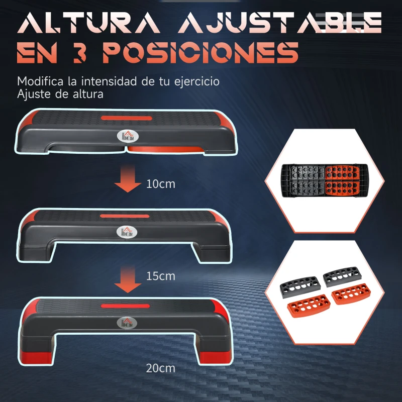 HOMCOM Plataforma Step para Deporte y Gimnasia con Altura Regulable en 10/15/20 cm Carga 150 kg 78x28x20 cm Gris y Rojo