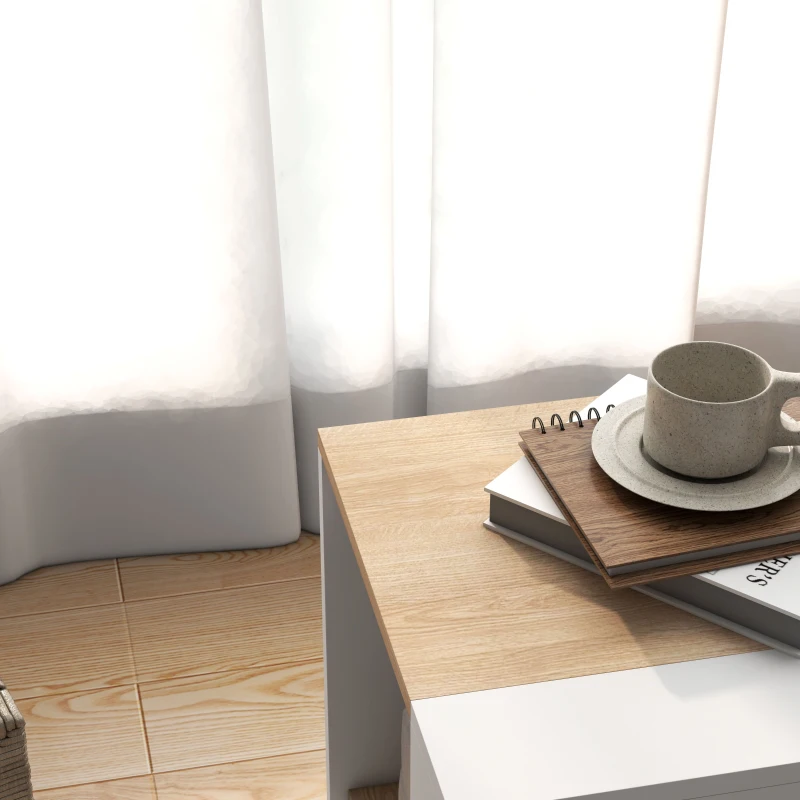 HOMCOM Set da 2 Tavolini da Soggiorno con Design a Due Livelli, 40x40x45cm, Bianco e Quercia
