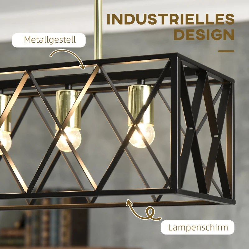 HOMCOM Pendelleuchte, Hängelampe, höhenverstellbar, Industrial Design, Metallschirm, schwarz+gold, 77 x 25 x 39cm