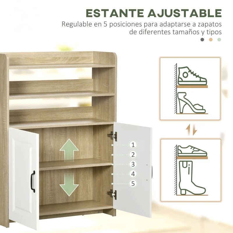 HOMCOM Zapatero con 2 Puertas de Madera con 5 Estantes Capacidad para 12 Pares de Zapatos 80x29x107,6cm Natural y Blanco