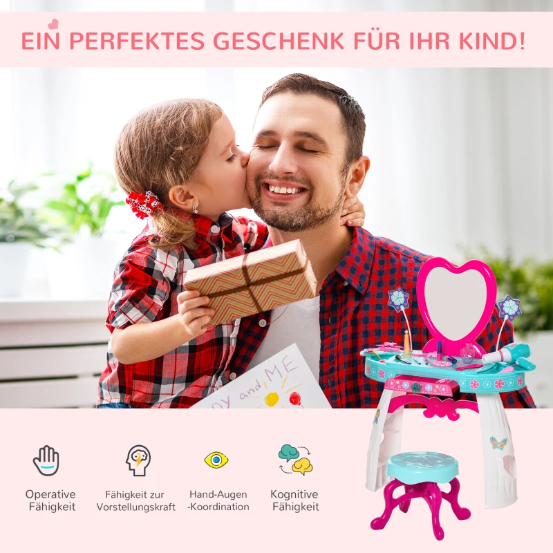 HOMCOM Kinderschminktisch mit Schubladen und reichhaltigem Zubehör Frisiertisch mit Hocker Licht für Mädchen ab 3 Jahre Kosmetik Spiegel Seeblau+Weiß 49,5 x 25 x 69 cm