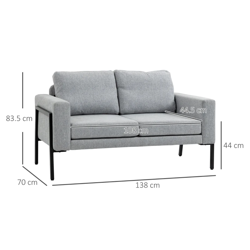 HOMCOM Divano 2 Posti in Tessuto Effetto Lino con Gambe in Acciaio e Cuscini Imbottiti, 138x70x83.5 cm, Grigio