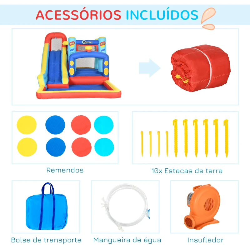 Outsunny Castelo Insuflável com Inflador Escorrega Trampolim Piscina Bolsa de Transporte 435x245x200cm Multicolorido