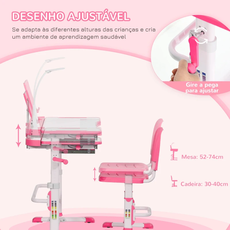 HOMCOM Conjunto de Secretária e Cadeira para Crianças com Altura Ajustável Mesa Inclinável Lâmpada LED 80x49,5x80-105cm e 36x34x60-73cm Rosa