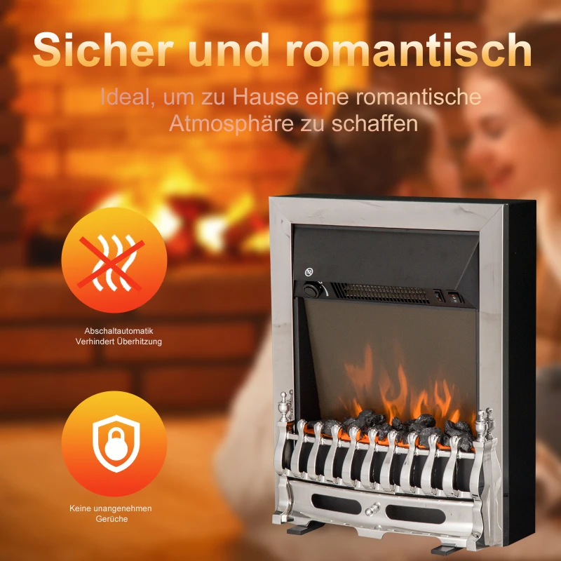 HOMCOM Elektrokamin mit Heizung, elektrischer Kamin mit LED Flammeneffekt, 1000/2000W Dekokamin, elektrisch Kaminfeuer Kaminofen, Silber