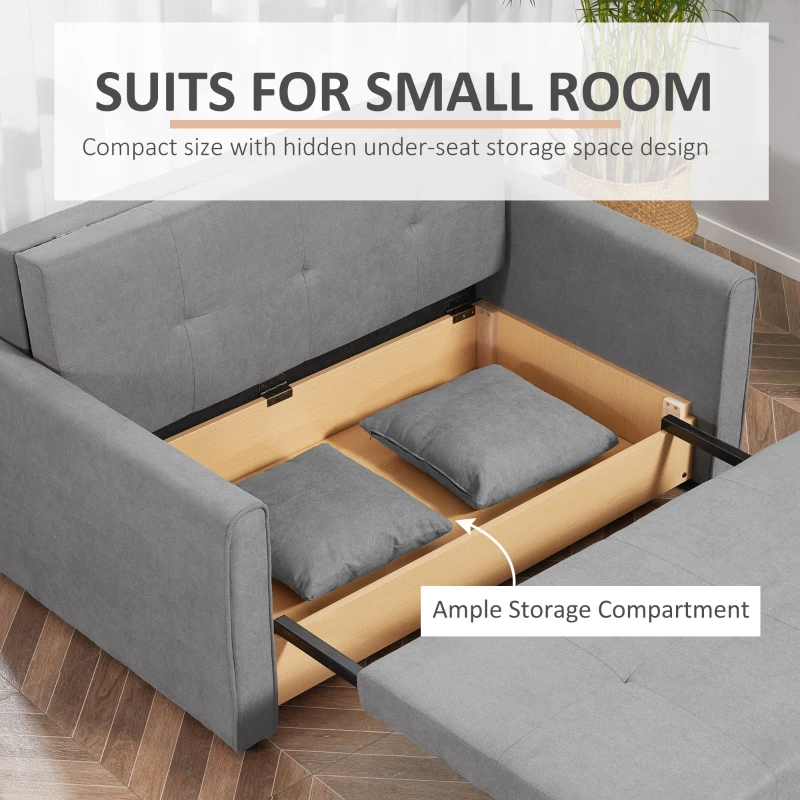 HOMCOM Two Seater Fabric Sofa Bed, 2-in-1 Sofabed with Hidden Storage, Living Room Furniture, Grey