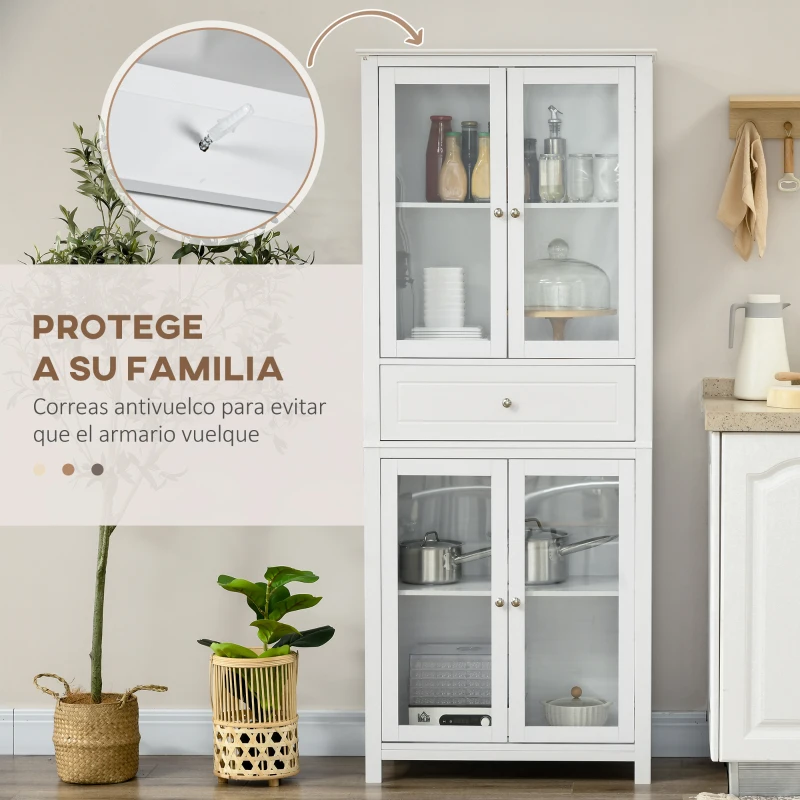 HOMCOM Alacena de Cocina Mueble Vitrina con 4 Puertas de Vidrio Templado Cajón y Estantes Ajustables 74x35,5x181,5 cm Blanco(m-7)