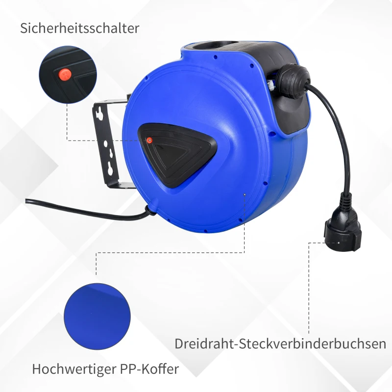 DURHAND Kabeltrommel 10 m+1.3 m Leitung Automatik Kabelaufroller Outdoor Aufroll stromkabel drehbar Wandhalterung, PP, Gummi, Metall, Schwarz + Blau, 28L x 16B x 27H cm