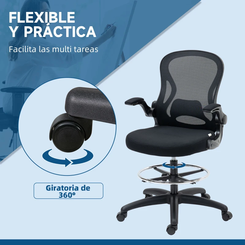 Vinsetto Silla de Dibujo Giratoria con Soporte Lumbar Reposapiés Ajustable y Reposabrazos Abatibles 59x65x102-122 cm Negro