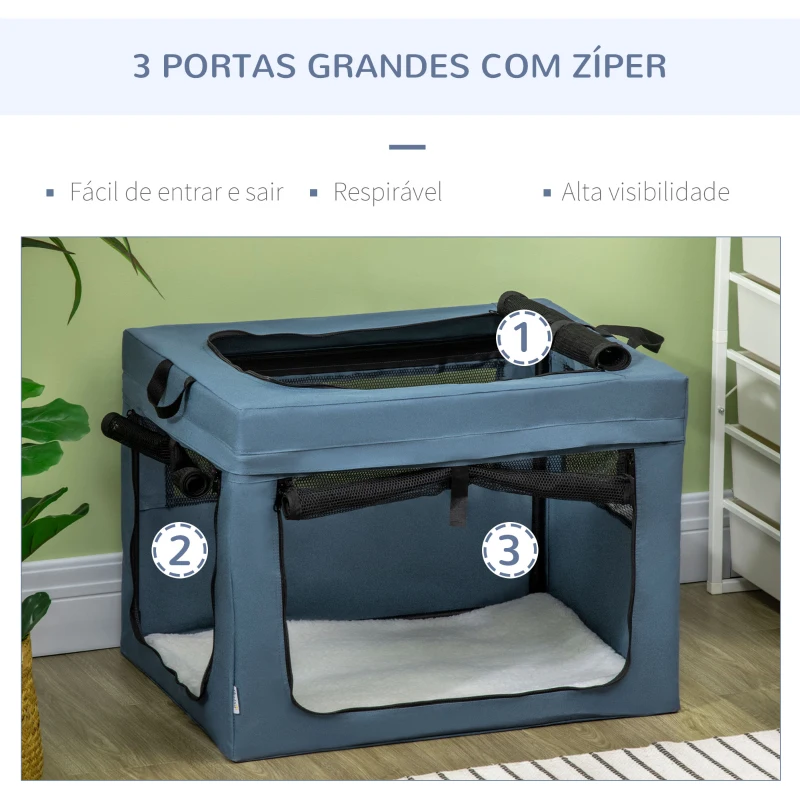 PawHut Transportadora para Cães e Gatos Portátil Dobrável com 3 Portas e Almofada Suave 69x51x51cm Azul