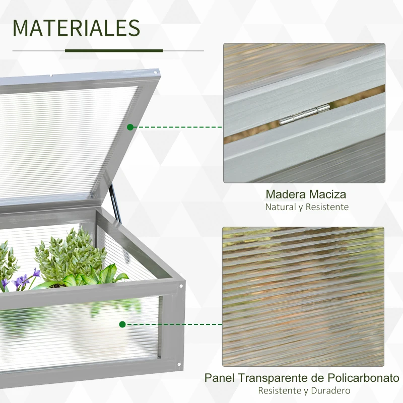 Outsunny Invernadero de Madera Natural y Policarbonato 90x46x28 cm con Tapa Inclinada Caseta de Plantas para Jardín Huerto Terraza Protección del Clima Gris