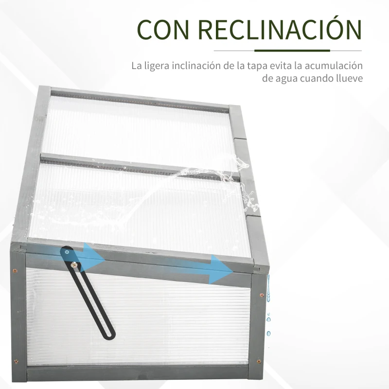 Outsunny Invernadero de Madera Natural y Policarbonato 90x46x28 cm con Tapa Inclinada Caseta de Plantas para Jardín Huerto Terraza Protección del Clima Gris