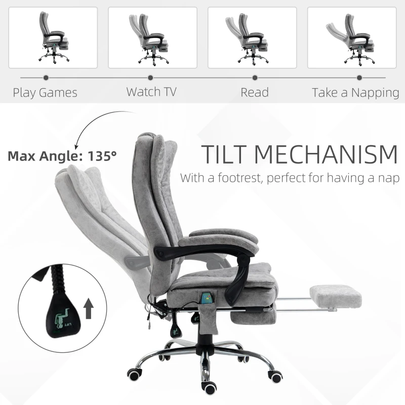 Vinsetto Office Chair with Massage and Heat, Microfibre Reclining Computer Desk Chair with Footrest and Adjustable Height, Swivel Wheels for Home Office, Grey