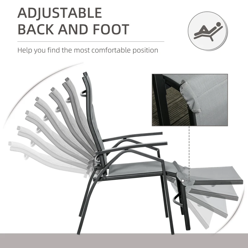 Outsunny Set de Gradina cu 2 Sezlonguri Inclinabile Tapitate si Masuta din Sticla, Gri