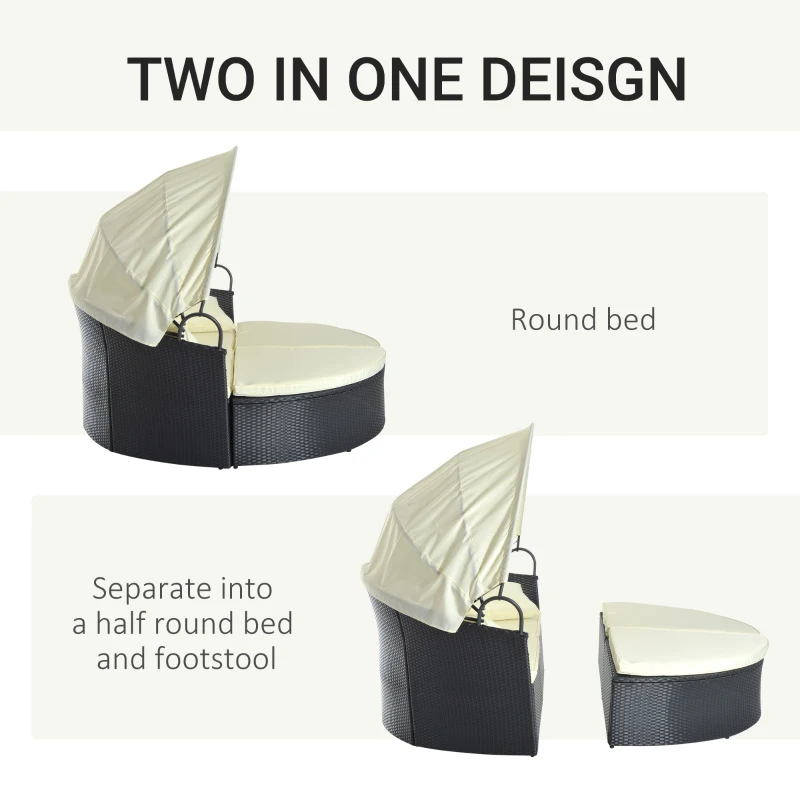 Outsunny Pat de Plajă Scoică cu Suport Picioare și Cort parasolar din PE Ratan, Negru