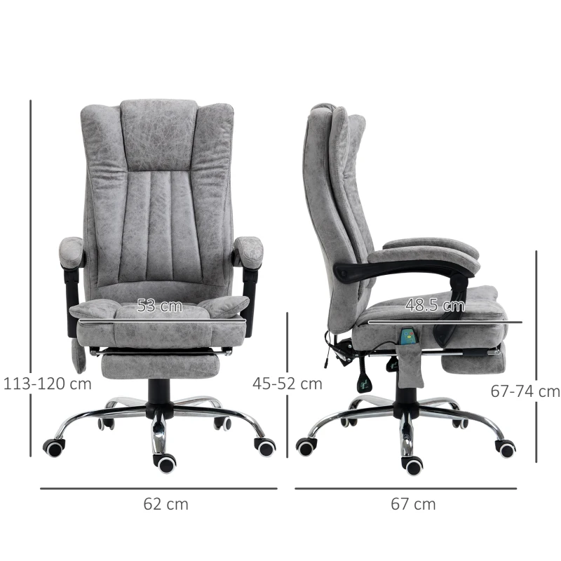 Vinsetto Office Chair with Massage and Heat, Microfibre Reclining Computer Desk Chair with Footrest and Adjustable Height, Swivel Wheels for Home Office, Grey