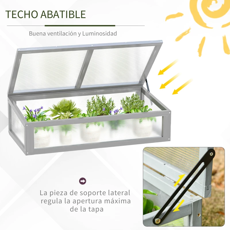 Outsunny Invernadero de Madera Natural y Policarbonato 90x46x28 cm con Tapa Inclinada Caseta de Plantas para Jardín Huerto Terraza Protección del Clima Gris