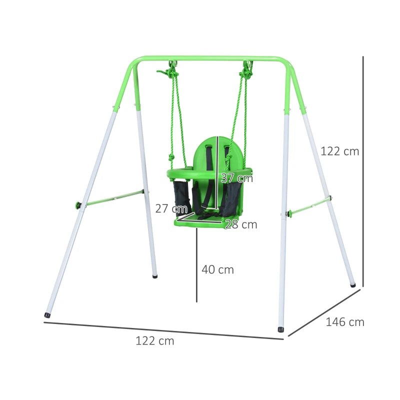 Outsunny Baloiço Infantil de Aço Baloiço para Crianças de 6-36 Meses com Encosto Alto e Arnês de Segurança 122x146x122 cm Verde