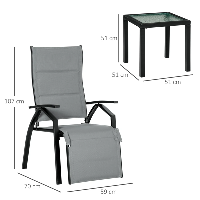 Outsunny Set de Gradina cu 2 Sezlonguri Inclinabile Tapitate si Masuta din Sticla, Gri
