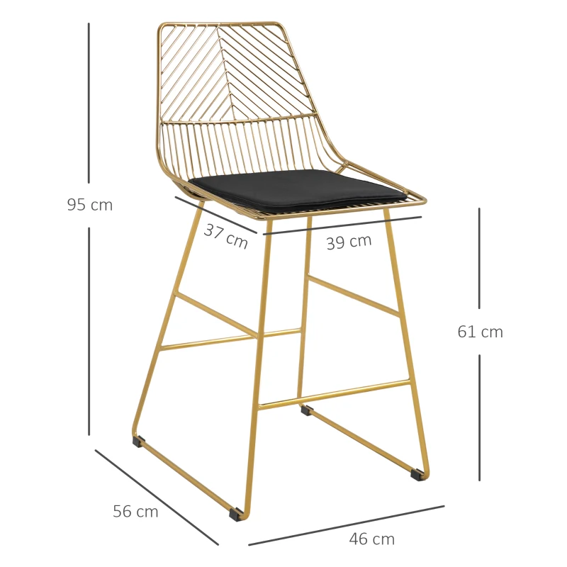 HOMCOM Set of 2 Bar Stools, Modern Counter Height Breakfast Bar Chairs with Wire Metal Frame for Kitchen, Dining Room, Gold