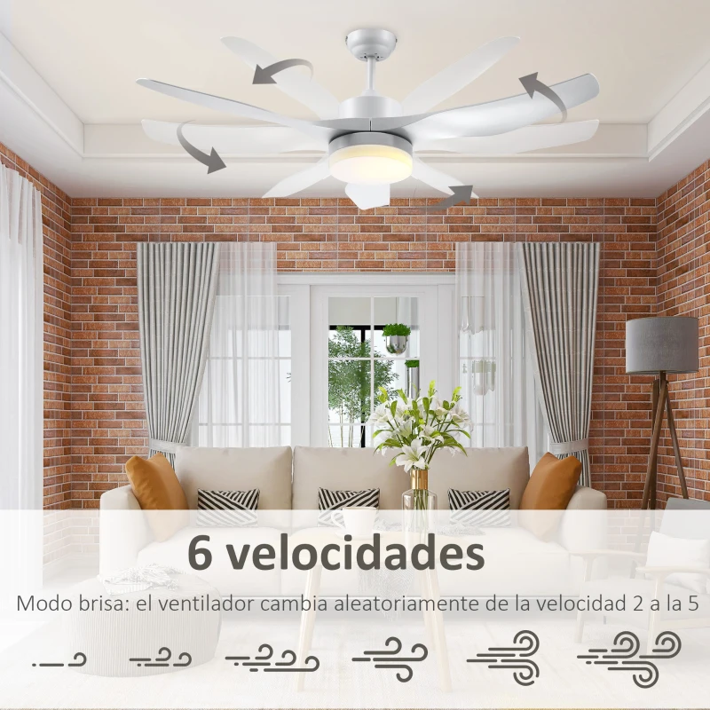 HOMCOM Ventilador de Techo 20,5W con Mando a Distancia Luz LED y 3 Aspas Reversibles 6 Velocidades Ø132x40 cm Blanco