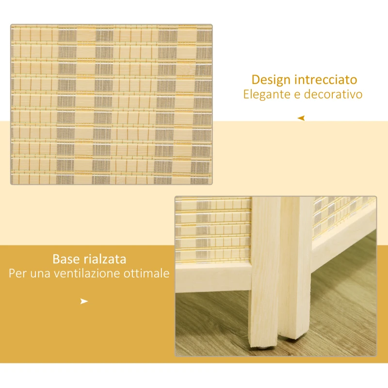 HOMCOM Paravento da Interno a 4 Ante Pieghevole Altezza 180cm, Legno e Bambù Stile Boho, Colore Naturale