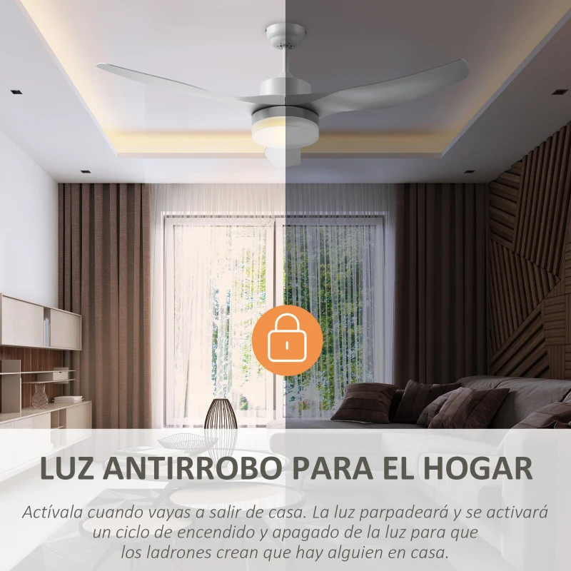 HOMCOM Ventilador de Techo 20,5W con Mando a Distancia Luz LED y 3 Aspas Reversibles 6 Velocidades Ø132x40 cm Blanco