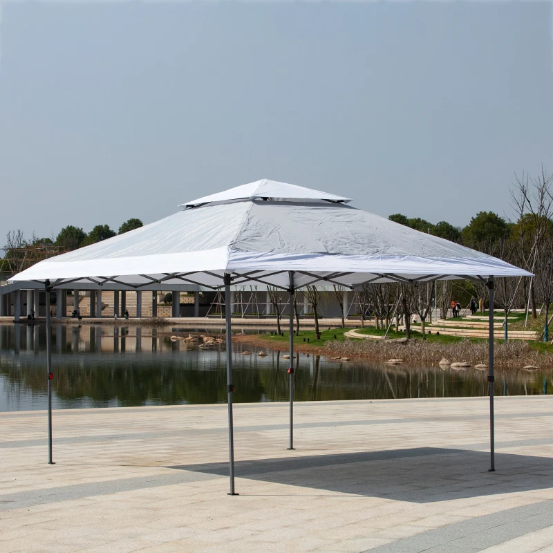 Outsunny 3.5 x 3.5m Garden Pop Up Gazebo Party Tent Canopy with Double Roof, 3-Level Adjustable Height and Roller Bag,  Light Grey & White